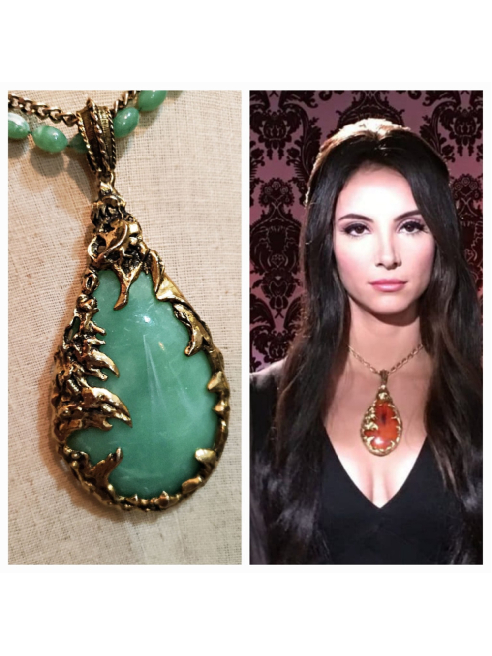 Vintage 60s 70s The Love Witch Brutalist Jade Green Gold Tone Statement Necklace